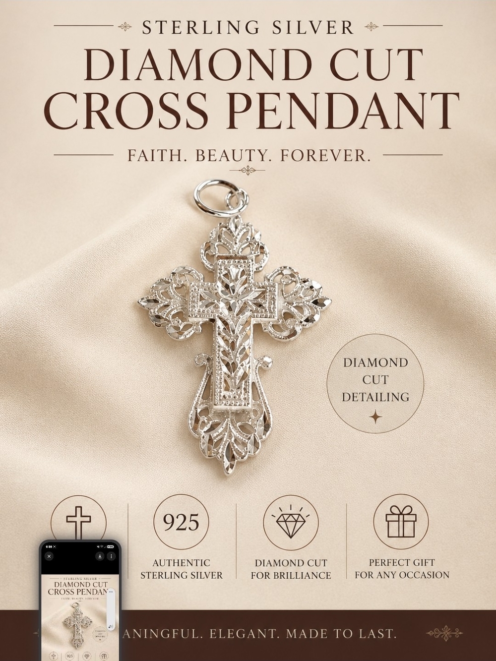 Sterling Silver Diamond Cut Cross Pendant - Silver